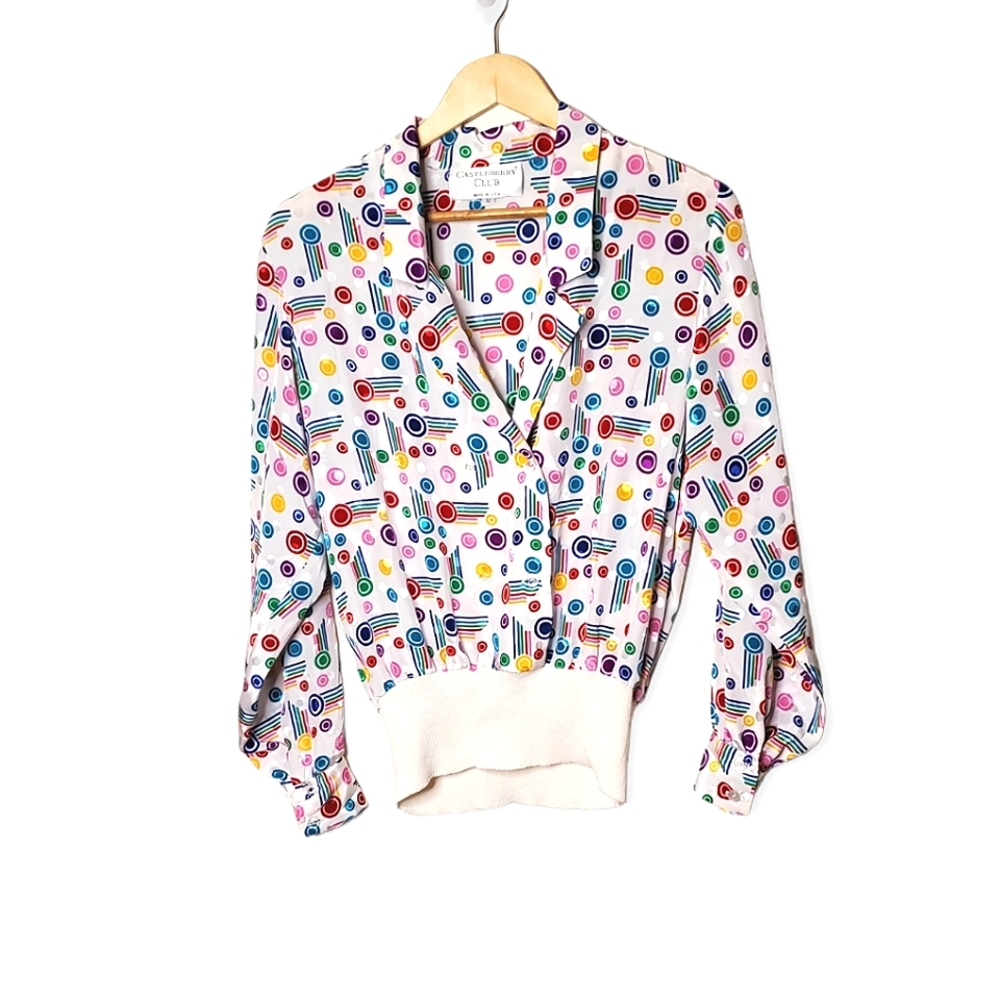 80s Punchy Pop Polka Dot Party Striped Multicolor White Athletic Blouse